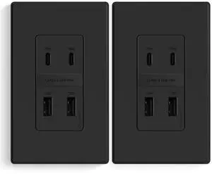 ELEGRP 42W Fast Charge & Power Delivery 4-Port USB Wall Outlet, UL/CUL Listed, 2 Pack, Matte Black