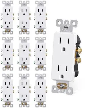 AIDA White 10 Pack Decorator Outlet Electrical Wall Receptacle Outlet, 15A 125V, 2 Pole 3 Wire, Tamper Resistant, NEMA 5-15R, Self-Grounding,UL Listed