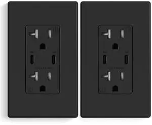 ELEGRP USB Outlet Receptacle, 30W Fast Charge & Power Delivery USB C Wall Outlet, 20 Amp Wall Outlet with USB C Ports, Tamper Resistant, UL Listed, Wall Plate Included, 2 Pack, Matte Black