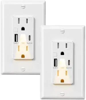 DEWENWILS USB Outlet with LED Night Light, 5V 4.8A Tamper-Resistant Wall Outlets with USB-A & USB-C Ports, Wall Plate for Kitchen, Bathroom, Office, White, 2 Pack