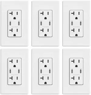 ELEGRP USB Outlet Receptacle, 30W Fast Charge & Power Delivery USB C Wall Outlet, 20 Amp Wall Outlet with USB C Ports, Tamper Resistant, UL Listed, Wall Plate Included, 6 Pack, Matte White