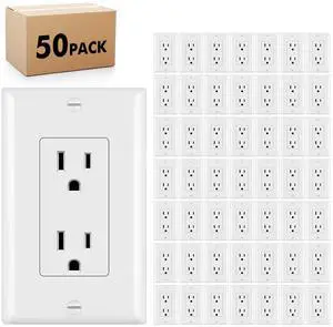 Micmi Decorator Receptacle Outlet, Standard Decorative Wall Outlet, 15 Amp, 125 Volt, Non-Tamper Resistant, Grounding UL Listed White (15A Outlet with wallplates 50pack)