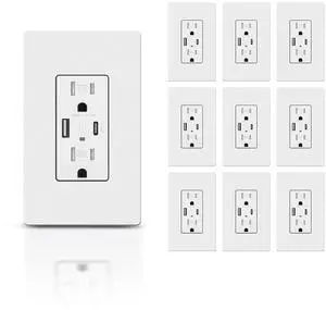 TOPELER USB Outlet, 4.8A High Speed Charger Wall Outlet, Electrical Power Outlets with USB Type A & C Ports, 15 Amp TR Receptacle, Screwless Wall Plate Include, ETL Listed, 10 Pack, White