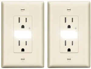 LIDER LED Guide Light Receptacle with Automatic Daylight Sensor and Wall Plate, Night Light Decorator Wall Outlet, 125VAC/15A Tamper-Resistant Receptacle,UL Listed, Light Almond, 2-Pack