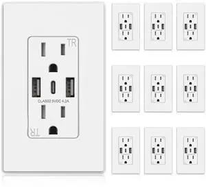ELEGRP USB Wall Outlets, 3-Ports USB C Wall Outlets Receptacles, Matte White 15 Amp Outlets with USB Ports, Tamper-Resistant USB Outlet, Screwless Wall Plate Included, UL & CUL Listed, 10 Pack