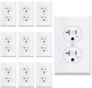 AIDA 20 Amps Outlets Duplex Electrical Receptacle Outlets,WR&TR, Wall Plate Included,Receptacle Wall Outlet,Residential,TR,3-Wire, Self-Grounding Clip, NEMA 5-20R,UL Listed 10 Pack, White