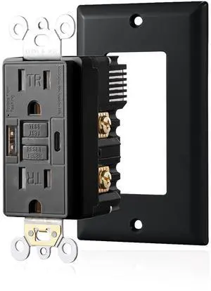 15 Amp Self-Test GFCI Outlet Combination with USB Type A and Type-C, Tamper Resistant Thinner Duplex Outlet, in-Wall, USB Charger for Smartphones, Tablets and Smart Home Appliance, Black