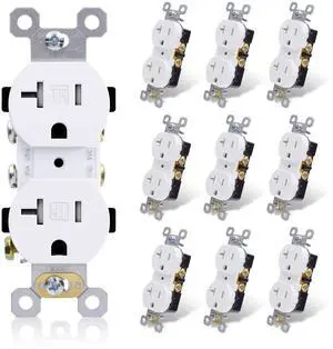 ELEGRP Tamper-Resistant Duplex Receptacle, 20A 125V Standard Electrical Duplex Wall Outlet, 2 Pole 3 Wire, 5-20R, Self-Grounding, Residential Grade Straight Blade, UL (Glossy White, 10 Pack)