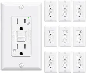 ELEGRP Outdoor GFCI Outlet 15 Amp, Self-Test GFI Electrical Outlet with Narrow Design, Tamper Resistant GFCI Receptacle with LED Indicator, UL Listed, White, Wall Plate Included, 10 Pack