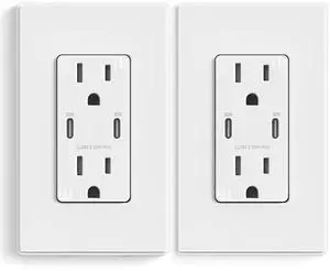 ELEGRP USB Outlet Receptacle, 30W Fast Charge & Power Delivery USB C Wall Outlet, 15 Amp Wall Outlet with USB C Ports, Tamper Resistant, UL Listed, Wall Plate Included, 2 Pack, Matte White
