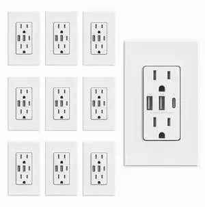ELEGRP USB Outlets Receptacles, 3-Port Wall Outlet, 30W 6.0A Electrical Outlet, 15 Amp Tamper-Resistant Outlet with Type C Ports, UL Listed, Screwless Wall Plate Included, 10 Pack, Matte White