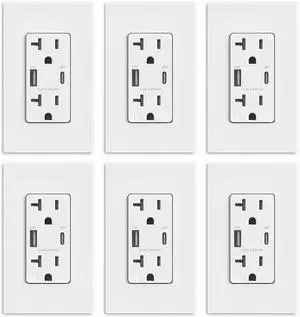 ELEGRP 30W USB Outlet Type A/C, Fast Charge Wall Outlet with 2 USB Ports, Power Delivery 20 Amp Wall Outlet with Tamper Resistant, UL Listed, Wall Plate Included, 6 Pack, Matte White