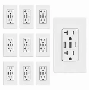 ELEGRP USB Outlets Receptacles, 3-Port Wall Outlet, 30W 6.0A Electrical Outlet, 15 Amp Tamper-Resistant Outlet with Type C Ports, UL Listed, Screwless Wall Plate Included, 10 Pack, Matte White ELEGRP USB Outlets Receptacles, 3-Port Wall Outlet, 30W 6.0A Electrical Outlet, 15 Amp Tamper-Resistant Outlet with Type C Ports, UL Listed, Screwless Wall Plate Included, 10 Pack, Matte White
