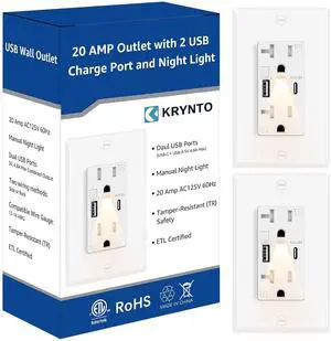 USB Outlet with Night Light, 20A Manual Control Nightlights Duplex Receptacle with Type A+C Ports, Tamper-Resistant, for Bedroom Kitchen Bathroom, 2-Pack White, ETL/FCC Listed
