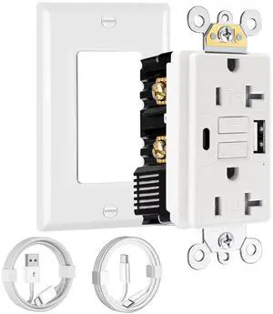 20 Amp GFCI Outlet with USB-C & USB-A Ports and Cables, Self-Test GFCI Electrical Outlet, Tamper-Resistant, Screwless Wall Plate Included, Thinner Design GFCI USB Outlet, ETL Listed, White, 1-Pack