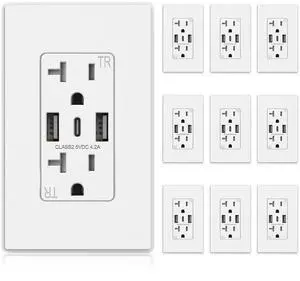 ELEGRP USB-C Wall Outlets - 3-Port Matte White 20Amp Receptacles with USB-C Ports, Tamper-Resistant, Screwless Wall Plate Included, UL & CUL Listed, 10 Pack ELEGRP USB-C Wall Outlets - 3-Port Matte White 20Amp Receptacles with USB-C Ports, Tamper-Resistant, Screwless Wall Plate Included, UL & CUL Listed, 10 Pack