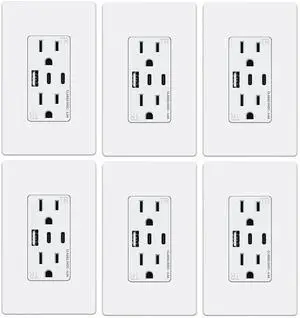 WEBANG USB Outlet, 6.0 Amp 3-Ports USB Wall Charger Outlet, 20A Duplex Tamper-Resistant Receptacle with 2 USB C Ports, Screwless Wall Plate Included, ETL Listed, Matte White, 6 Pack