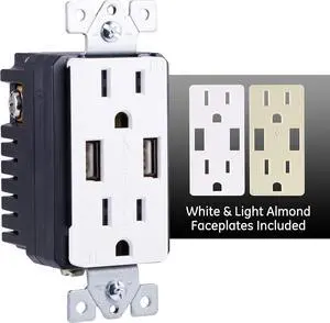 GE In-Wall USB Receptacle, 2 Outlets, 2 USB Outlet, Tamper-resistant, Electrical Outlet, 4.8A/24W, White and Light Almond, No Wall plate, 40405