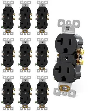 AIDA 20 Amps Outlets Duplex Electrical Receptacle Outlets, Electrical Outlet, 20Amp 125V Heavy-Duty Wall Outlet, Residential, 3-Wire, Self-Grounding, UL Listed, Side Wire (10 Pack, Black)