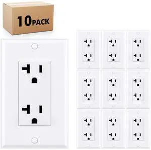 Micmi Decorator Receptacle Outlet, Standard Decorative Wall Outlet, 20 Amp, 125 Volt, Non-Tamper Resistant, Grounding UL Listed White (20A Outlet with wallplates 10pack)