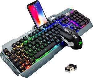 Wireless Gaming Keyboard and Mouse, Rechargeable, Rainbow Backlit with 3800mAh Battery Metal Panel,Mechanical Feel Keyboard and 7 Color Mute Mouse for Windows Computer Gamers
