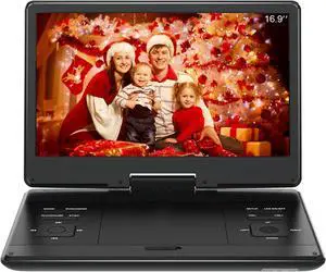 16.9 Portable DVD Player with 14.1 Large HD Screen,High Volume Speaker,with Extra Carrying Bag,Supports 6 Hours Built-in Battery and USB/SD Card/Sync TV [Not Support Blu-Ray]
