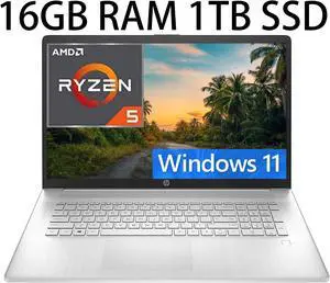 HP 17 Laptop, 17.3" FHD (1920 x 1080) display, AMD Ryzen 5 5500U (Beat i5-10500) 6-Core up to 4.0GHz, AMD Radeon Graphics, 16GB DDR4  1TB PCIe SSD, Fingerprint, Webcam, WiFi, Windows 11