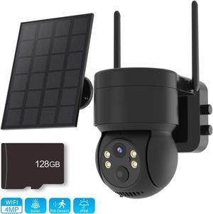 eYotto Upgrade Outdoor/Indoor Solar Security Camera with 128G TF Card, 4 MP Wireless Surveillance Camera, Full Color/Night Vision, 4pcs IR LED and 4pcs lighting LED, 355° Pan & 90° Tilt Camera