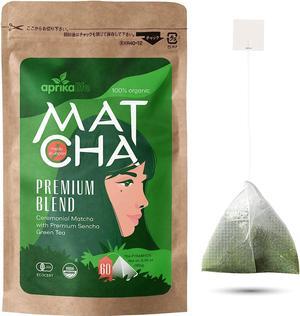Organic Japanese Matcha Green Tea Bags - Ceremonial Grade Matcha Powder and 1st Harvest Spring Sencha Blend for Unforgettable Taste - 60 Tea Pyramids by Aprika Life