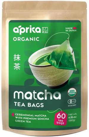 Organic Japanese Matcha Green Tea Bags - Ceremonial Grade Matcha Powder and 1st Harvest Spring Sencha Blend for Unforgettable Taste - 60 Tea Pyramids by Aprika Life Organic Japanese Matcha Green Tea Bags - Ceremonial Grade Matcha Powder and 1st Harvest Spring Sencha Blend for Unforgettable Taste - 60 Tea Pyramids by Aprika Life