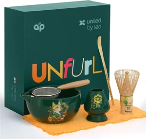 Cat Matcha Set Green, Bowl with Whisk Holder Scoop Sifter and Cloth, Japanese Tea Ceremony Kit, Unfurl Gift Box Cat Matcha Set Green, Bowl with Whisk Holder Scoop Sifter and Cloth, Japanese Tea Ceremony Kit, Unfurl Gift Box