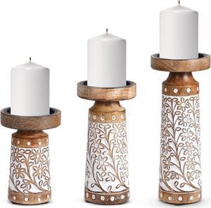 Pillar Candle Holders- Rustic White Hand Carved Mango Wood Candle Holders for Pillar Candles in Home, Living Room, Kitchen or Table Centerpiece Set of 3 Candlestick Holders- 6", 8", 10" for Home Decor