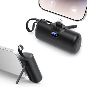 ANYCOOL Mini Portable Charger for iPhone, 5000mAh Power Bank, Dual Charging with USB C Cable, LED Display Battery Pack, Backup Charger, Travel Essentials Compatible with iPhone 14/13/12/11 Android