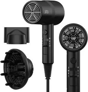 AINA Hair Dryer with Diffuser, Blow Dryer for Women | Advanced Ionic Technology, Ceramic Coating | Cold Shot Features Turbo Heat for Fast Drying and Shine 110V/ALCI (Vader Black)
