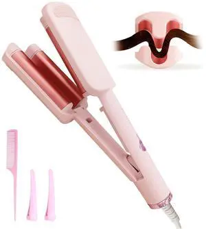 Deep Beach Waver Curling Iron Hair Crimper, Deep Waver Hair Curler Tool, Beach Waver Curling Wand, Hair Curler and Hot Tools Curling Iron with Ceramic 3 Barrel for Short Hair Women (Pink)