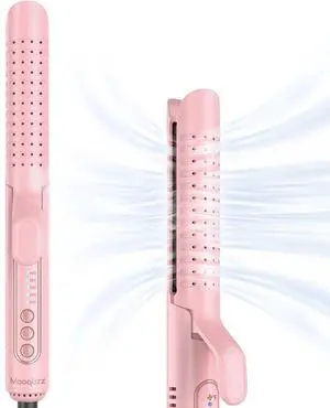 Airflow Styler Curling Iron, Hair Straightener and Curler 2 in 1 with 360°Cooling Vents Dual Voltage Adjustable Temp, Rose Pink
