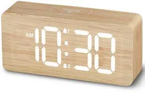 uscce Wooden Digital Alarm Clocks for Bedrooms: Dimmable Dual Alarm Clock with Large Numbers for Bedside Desk - Loud Alarm for Heavy Sleepers with Volume Control - Wood Decor & Gifts