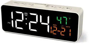 Netzu 3-in-1 Small Digital Clocks for Living Room with Temperature, Date & Time Display - 4 Levels Birghtness, 3 Volumes, Compact Plug-in Alarm Clock for Bedroom, Office (White)