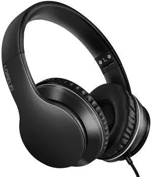 LORELEI X6 Over-Ear Wired Stereo Bass Headphones with Microphone, Lightweight, Foldable & Portable with 1.45M No-Tangle for Smartphone, Tablet, MP3/4, Space Black