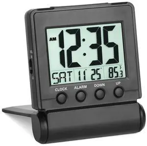 FAMICOZY Small Folding Digital Travel Alarm Clock with Day/Month/Date/Indoor Temperature,Easy to Read and Set,High/Low Alarm Volume,9 Min Snooze,Backlight on Demand,Bedside Calendar Alarm Clock,Black