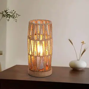 Zoxxoz Boho Woven Rope Table Lamp with Handmade Natural Wooden Base, Small Vintage Rattan Wicker Nightstand Cute Desk Lamp, Bedside Bamboo End Table Lights for Bedroom, Living Room, Kitchen Island