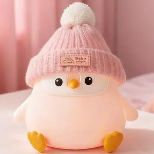 FAMIDUO Penguin Silicone Night Light, Cute Pink Penguin Lamp with Knitted Hat, Soft Nursery Nightlight, USB Rechargeable/Dimmable,LED Squishy Novelty Animal Bedside Lamp,Funny Gifts for Kids/Girls
