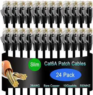 Lysymixs Cat6a Slim Ethernet Patch Cable 0.5 ft (24 Pack) for Data Centers, 10G Network, Home and Enterprise - Black