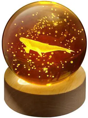 3D Crystal Ball Night Light for Kids Glass Ball Lamp with Woodern Base Whale Decoration LED Nightlight Bedroom Home Decor