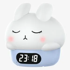 Cute Bunny RGB Rechargeable Night Light, Soft Silicone Lampshade, Adjustable Brightness LED Clock, Date, Alarm, Thermometer, Timer, Tap Control, Bedroom Lamp, Gift for Girl and Kid (Blue Bunny)