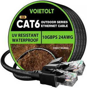 VOIETOLT Cat 6 Outdoor Ethernet Cable 100 ft, 24AWG 10Gbps Cat6 Cable Cord Waterproof Direct Burial LLDPE UV Jacket, Internet Network Cable with 20 Ties Support POE Cat6 Cat5e Cat5, CCA, UTP for PC
