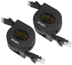 Iskueal Retractable Ethernet Cable - 3ft Cat6 Flat Network Cable with RJ45 Connectors for High Speed LAN, Internet, Gaming - Compatible with PS4, Router, Switch - 2 Pack.