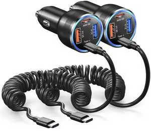 65W Super Fast Type C Car Charger for Samsung Galaxy S25 S24 S23 Ultra, 2Pack 4-Port USB C Car Charger for Samsung A13 A14 A15 A16 A53 A54 S22FE Note 20 Android Car Adapter+5FT Type C Coiled Cable