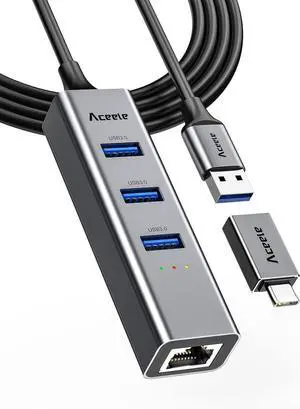 Aceele USB C to Ethernet Adapter, 3.3ft Long Cable, Aluminum USB-C Hub with 4 USB 3.0 Ports, Thunderbolt 3/USB-C to RJ45 Gigabit Ethernet LAN Network Adapter Multiport for MacBook Pro/Air, iPad Pro