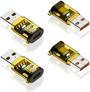 Poyiccot 4Pack 10Gbps USB C Female to USB Male Adapter 120W USB 3.2 Type C to Type A Charger Connector with Double-Side LED Comaptible for iPhone 15 16 Plus Pro Max, Laptop, Charger, Earphone, Yellow